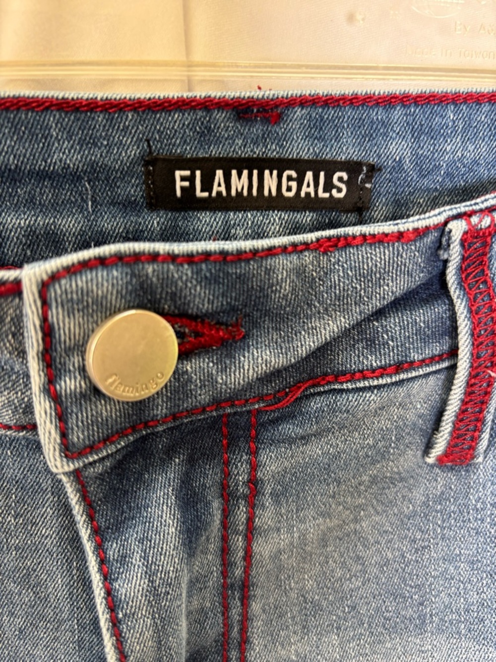 Flamingals Embroidered Red Crosses Distressed Blue Women's L 32x30 Flare Jeans - Picture 6 of 7